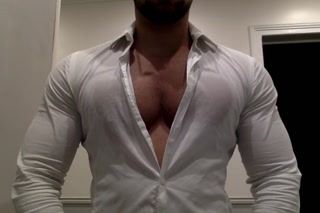 Ripping my white shirt while flexing my big muscle pecs and biceps