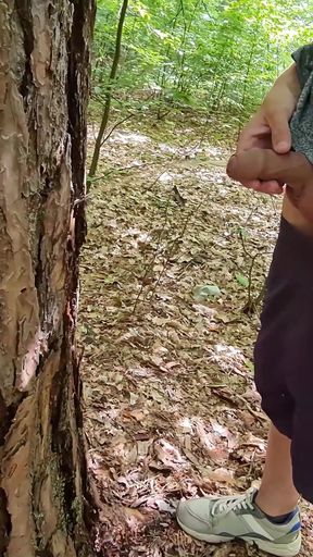 Pissed on the Tree. Naked Walk in the Woods