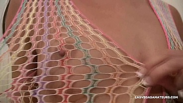 Horny Aaliyah Love Spreads Her Legs In Her Rainbow Fishnet Bodystocking To Use Her Clear Glass Dildo!
