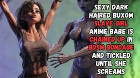 sexy dark haired buxom slave girl anime babe is chained up in bdsm bondage and tickled until she screams
