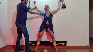 Man ties sensual and daring woman with rope and tickles her and masturbates at the same time