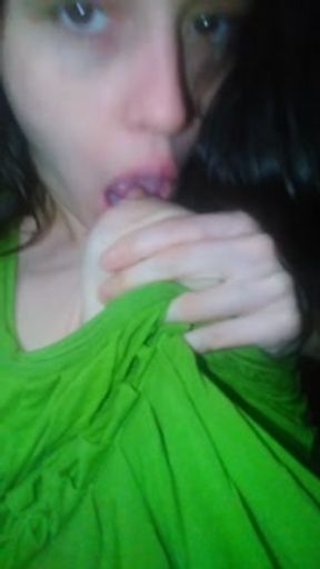 Crazy White Onlyfans Girl PinkMoonLust Self Sucks Left Nipple While Wearing a Cute Green Dress