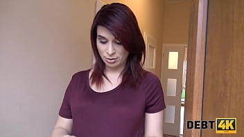 DEBT4k. Pregnant lovely with red hair spreads legs for the debt collector