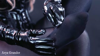 nylon foot fetish in black pantyhose with ice cube
