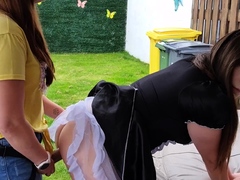 Euro fetish lesbians get bukkake fake slime strapon action