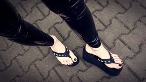 public crossdressing - latex leggings and thong platforms