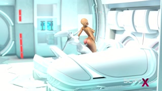 A sexy horny girl gets fucked by alien dickgirl in the sci-fi lab