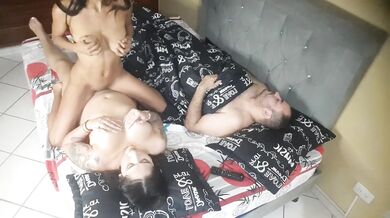 Babysitter rides her boss's wife into a screaming orgasm while he's away