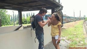 Fuck hungry teen gives a head to a stranger she just met at railway station