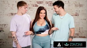 Busty MILF Natasha Nice pleasures two virgins in a Nuru massage