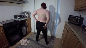 British Stepmom Strips off in the Kitchen Sweater and Leggings with Underwear