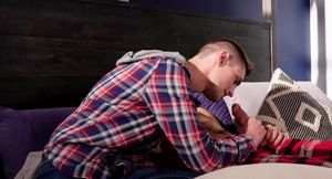 Cute dude with curly hair lets his buddy jerk him off