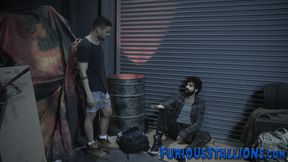 Buff dude jizzes on hobo
