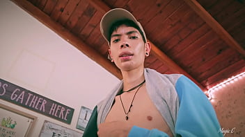 Sport Twink Magic C Jerking His Big Cock Through The Side of His Shorts