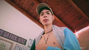 Sport Twink Magic C Jerking His Big Cock Through The Side of His Shorts