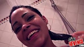 Enjoy a steamy POV shower with a bald brunette getting her pussy pounded and her tits jizzed in ecstasy