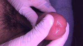 Uncut cock close up precum and cumshot with latex gloves slowmo at the end