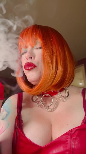 Redhead Tina In Red Leather Dress &amp; Gloves Smoking A Cigarette With Lots Of Dangling, OMI, OME, Snap Inhales   Clip 1