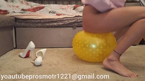 Nastya, in panties and barefoot, jumps on an inflatable fitness ball and tramples it. foot fetish crush fetish bare feet inflatable 3rd angle