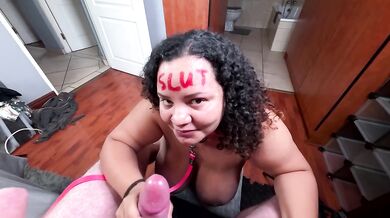 Leashed BBW barking while sucking cock and jerking me off