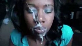 Cute ebony young girlfriend with juicy lips gets facialized hard
