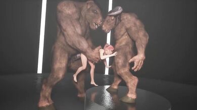 Giant minotaur horse cock deep throats redhead teen while two dildos wreck her