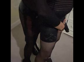 Amateur Sissy Crossdress  and slutty stepmom Sarah in lingerie and stockings masturbating and giving blowjobs while walking