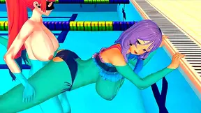 Horny Big-Titted Hentai Girl Moans While Riding Dick By The Pool