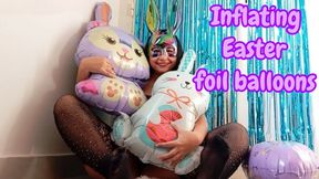 Inflating Easter foil balloons