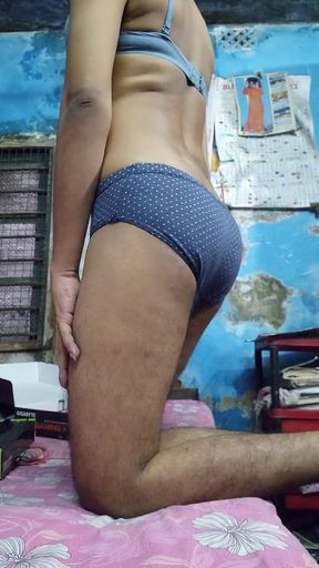 Indian Teen Boy Wearing Blue Bra and Dotted Panty