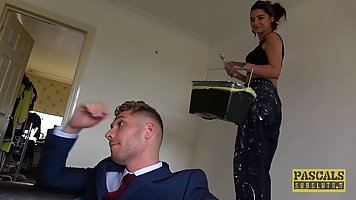Cat Collar is sucking dick while getting fucked, because she wanted to try DP during a threesome