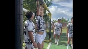 A soccer team, with the help of the sun, and sweat, ends up nailing each other