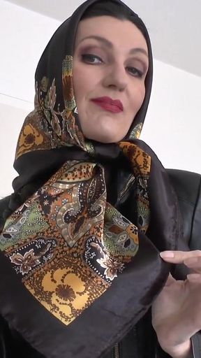 Satin Headscarf Fashion Show, Satin Headscarf and Leather Jacket, JOI Lady Victoria Valente