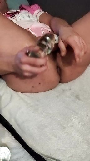Sissy playing with big glass plug because she can't masturbate xD