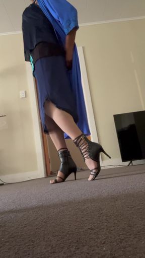 Sexy blue baby doll lingerie striptease wearing black leather strappy heels nice cock