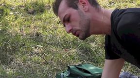 Little gay couple make love on fresh grass