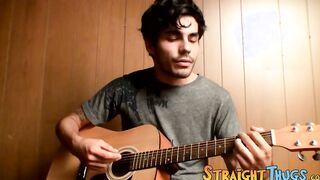 Handsome young man enjoys his guitar and jerkoff solo