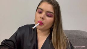 Blowing circles with hot pink lipstick