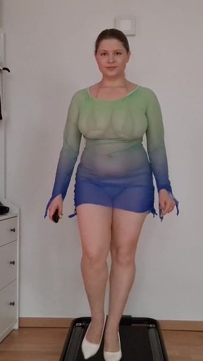 See-through Beach Dresses Over Micro Bikini - Heels, Jiggle & Treadmill Tease