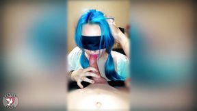 Blue haired emo teen with pigtails sucks big cock