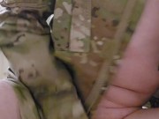 Soldier CUMS first time riding dildo!