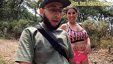 While we were taking a walk in the woods, my friend's slut wants to have some fun and lets herself be penetrated outdoors without a condom