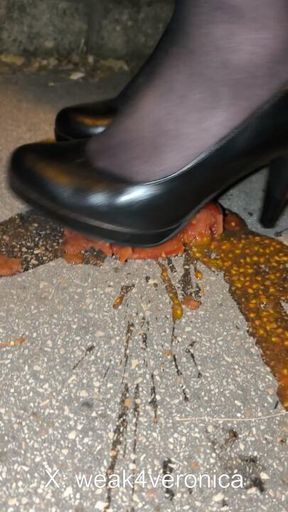 Crushing Tomato and Cucumber in Black High Heels