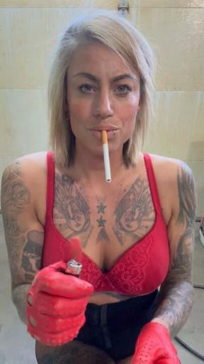 Red glove, red bra