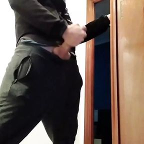 Amateur jerk off from a hot guy with big dicks shooting at the door