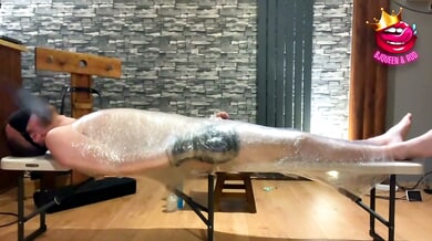 Bound and blindfolded man wrapped in plastic endures edging and teasing