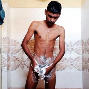 Rajesh showering in bathroom, masturbating dick and cumming