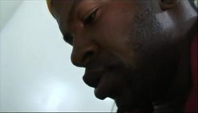 Thuggish black dude with a big hard shaved dick and nice abs jerks off