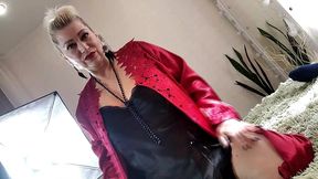 mature slut wife in a red satin negligee, with a ponytail on her head and a dick in her mouth ...))