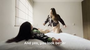 Two Hot Lesbian Girls Wrestling in Leather Jackets
